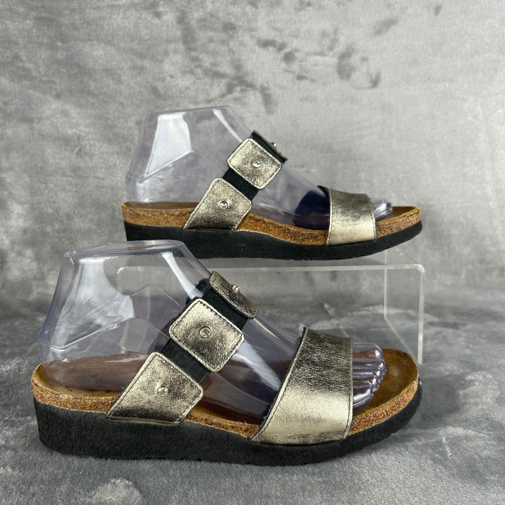 Naot Metallic Gold Leather Slide Sandals Elastic Straps Studded EU 38 US 7